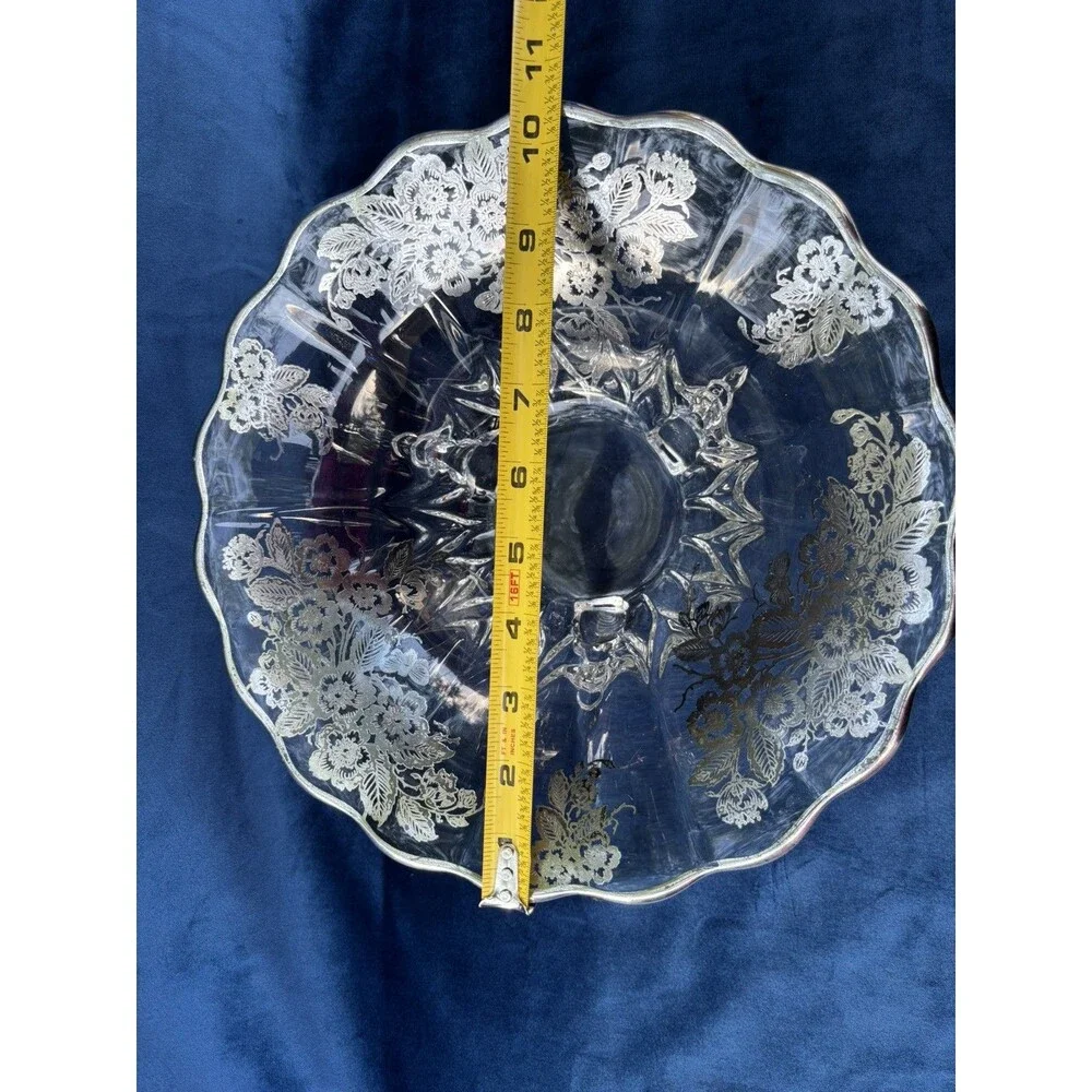 Vintage Floral Etched Glass Compote Bowl on Three Feet Decorative Centerpiece